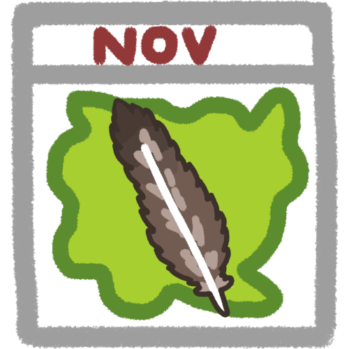 a white square outlined in grey with a title block at the top. inside the title block is the letters “nov” in red (as in a day in november). under the title is a green mass to represent nations, and a feather on top.